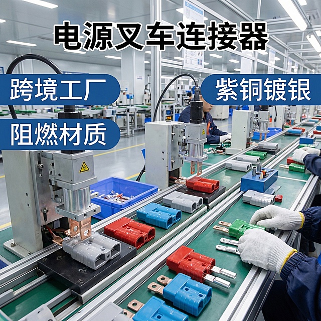 电源叉车连接器，跨境工厂出品，阻燃材质，紫铜镀银，车间流水线生产场景，1:1比例电商主图，突出工厂生产实力，文字标注"电源叉车连接器""跨境工厂""阻燃材质""紫铜镀银"