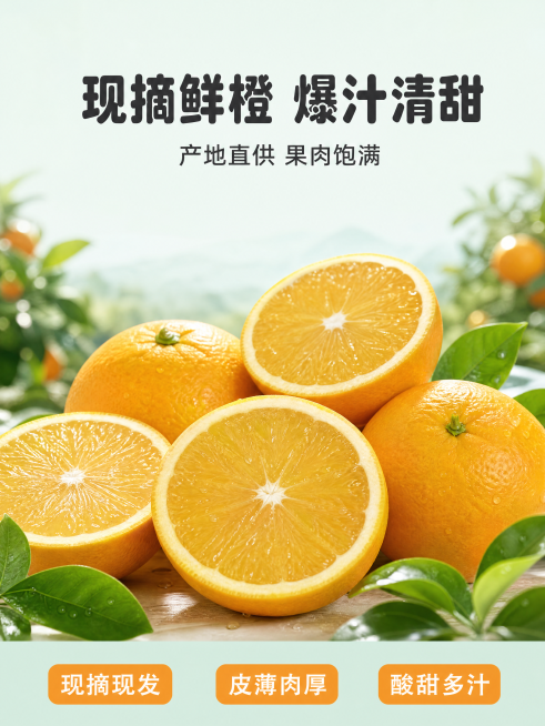 「图片1」「图片1」「图片1」「图片1」「图片1」创作脐橙商品的详情图，包括焦点图、卖点图、细节图、信息图、果园图、售后说明等。预览效果