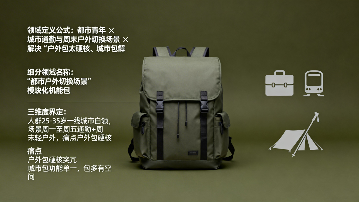 第1页：细分领域界定，包含领域定义公式：都市青年 × 城市通勤与周末户外切换场景 × 解决“户外包太硬核、城市包功能单一”的痛点，细分领域名称：“都市户外切换场景”模块化机能包，三维度界定：人群25-预览效果