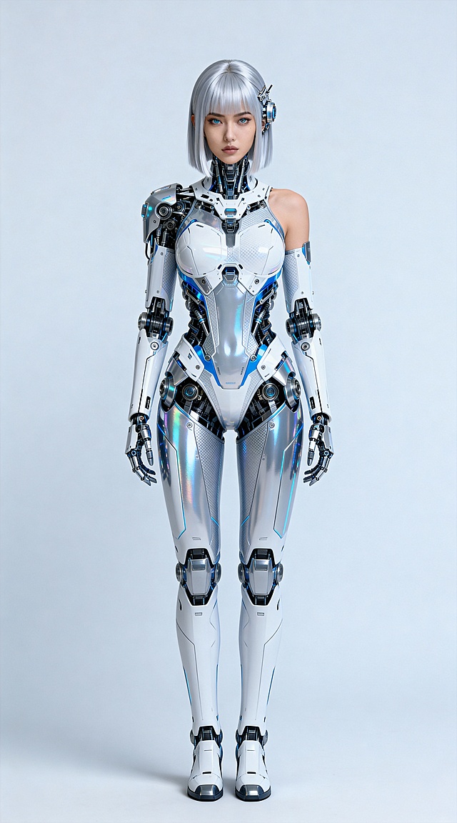 将参考图中人物扩展至完整全身照，且是双脚并拢直立站姿，其他保持不变