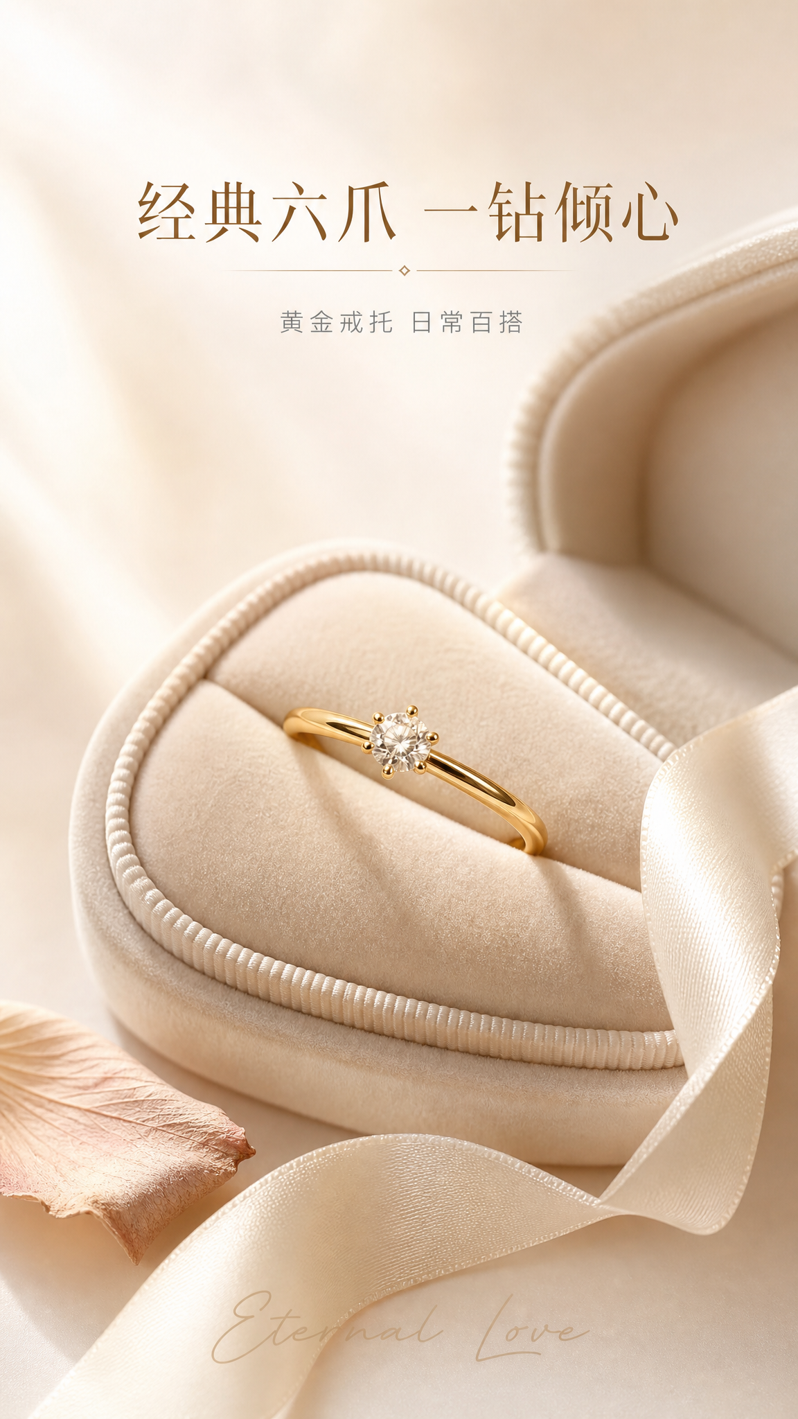 [主图-1] 六爪单钻黄金戒指首图 礼赠氛围。 [氛围风格]… - 图片创意预览