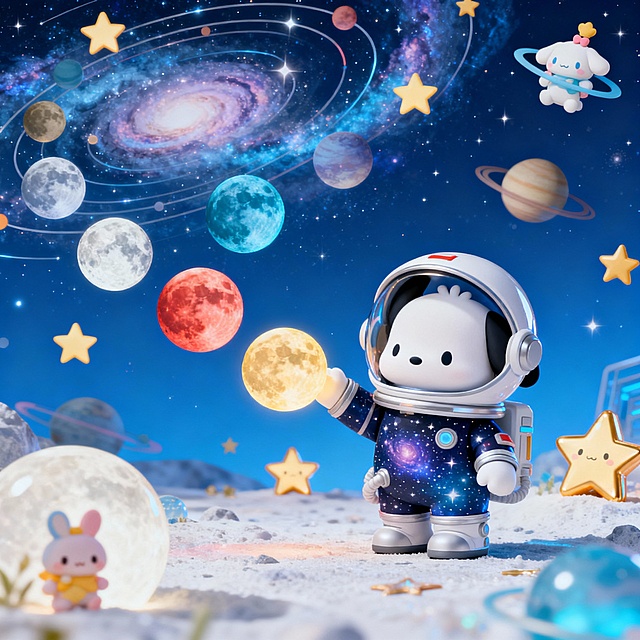 梦幻场景，柔和明亮的色彩，帕恰狗戴着太空帽子，穿着星空主题太空服，伸手触摸星球，强烈对比，充满梦幻活力的科技氛围，寻宝的魔法世界，奇幻氛围星星造型，多种颜色的月球，周围环绕星空元素（如星云、星球轨道），点缀可爱Q版星星装饰，整体清透蓝色系，颜色清透，细节丰富