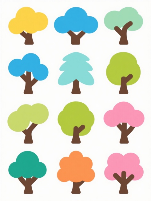 白色背景上，十二棵扁平化风格的夏日树木图标，每棵树形态各异，树干为深棕色，树冠颜色改为明亮的夏日色调，包括阳光黄、天空蓝、薄荷绿、浅橙色和粉色，保持简洁的轮廓线条，无内部细节纹理，均匀排列成三行四列，整体呈现清爽、明快的夏日氛围，符合图标设计的简洁性和识别度。预览效果