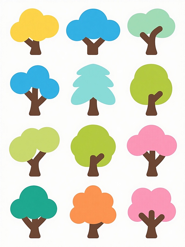 白色背景上，十二棵扁平化风格的夏日树木图标，每棵树形态各异，树干为深棕色，树冠颜色改为明亮的夏日色调，包括阳光黄、天空蓝、薄荷绿、浅橙色和粉色，保持简洁的轮廓线条，无内部细节纹理，均匀排列成三行四列，整体呈现清爽、明快的夏日氛围，符合图标设计的简洁性和识别度。