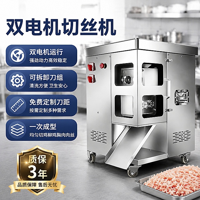 [单张主图] 双电机可拆卸一次成型切丝机拼多多电商主图，采用爆款促销感主图路线，同时承担点击、理解、信任、转化任务，目标突出产品核心优势吸引下单。参考图https://gdesign-dam-hz.dancf.com/37106428811136146/6ad7f72df17141a1ad2858f7e09d8521.jpg采用厨房商用场景背景，左文右品排版，顶部大标题，左侧竖向排列卖点蓝色块文案，右下角带产品加工后效果小图，左下角有质保金牌背书，整体配色蓝白+金属银，文字层级清晰，提取此版式逻辑进行复刻。画面主体居中展示切丝机产品，保持产品外观、物理结构、材质质感、颜色与输入产品图https://gdesign-dam-hz.dancf.com/37106426362054739/ca6124d9030f4333b7935ee2a935d314.png完全一致，杜绝任何变形和色差，精细化处理。采用左文右品标签参数型爆款版式，左侧为文案区域，右侧产品居中，底部预留权益信息通栏，信息分区清晰，产品占比约60%符合黄金比例。背景采用明亮商用厨房场景浅景深虚化处理，浅灰色瓷砖地面，远处模糊不锈钢厨具轮廓，不抢产品主体；产品放置在浅灰色哑光防滑操作台面上，右下角放一个不锈钢托盘，托盘内放置切好的新鲜鸡柳肉丝展示使用效果；左下角放置金色盾牌形状质保标签；左侧文案使用深蓝色圆角块分条排布，图标搭配文字。顶部左侧用深蓝色粗体大字："双电机切丝机"，下方分条排列卖点：1. "双电机运行 强劲动力高效稳定" 2. "可拆卸刀组 清洗方便卫生安心" 3. "免费定制刀距 按需定制多种需求" 4. "一次成型 均匀切鸡柳鸡胸肉肉丝"，左下角金牌文案："质保3年 品质保障售后无忧"。所有文字清晰可读，深蓝色块配白色文字形成强对比，主标题字号最大，卖点文字次之，质保文字最小，层级分明。主光为正面柔和商业摄影打光，照亮产品机身和左侧文案区域，辅光来自右侧弱化产品阴影，机身不锈钢边缘高光清晰，底部柔和投影，整体画面通透明亮，产品细节清晰，真实商业摄影质感。主色调为不锈钢银色+深蓝，辅助色为金色点缀，背景浅灰虚化，字体采用粗黑无衬线字体，主标题加粗最大，卖点常规字重，对比清晰。生成1:1比例，2K分辨率，文字清晰可辨，超高清商业摄影质感。负向提示词：变形，文字错乱，产品模糊，背景杂乱，水印，拼多多Logo，错字，遮挡主体，结构错误，色差