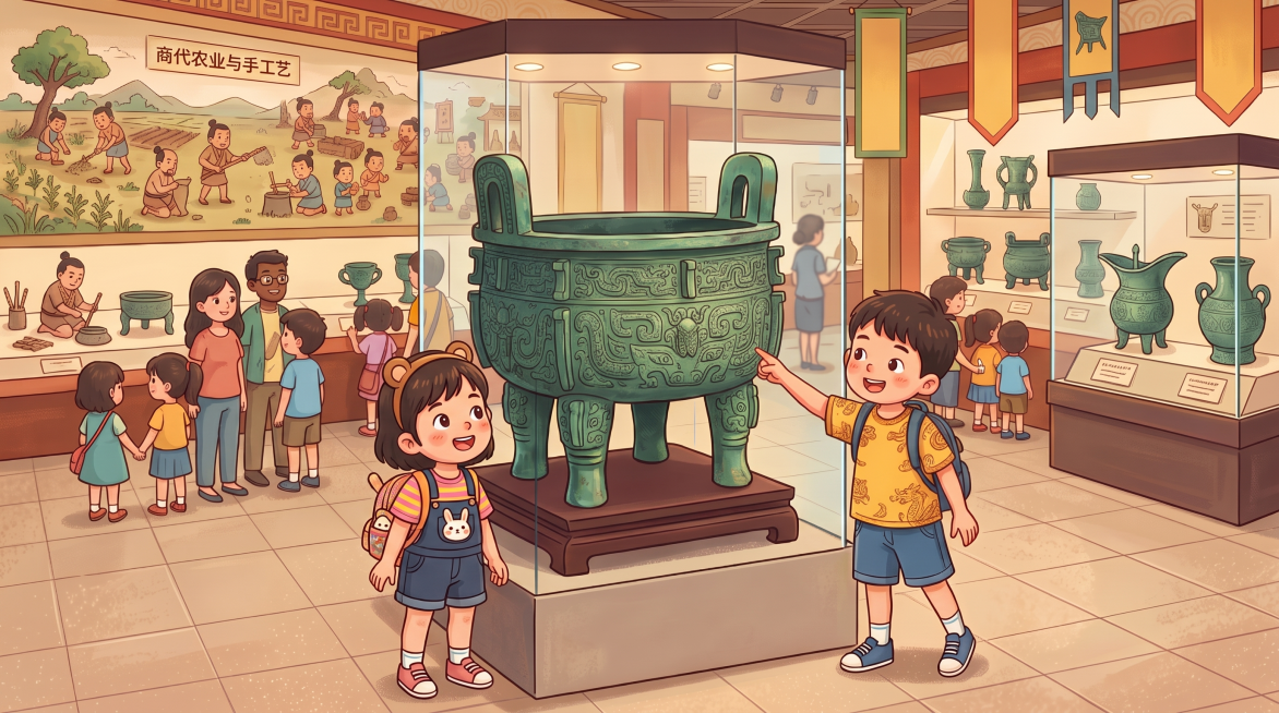 插画风格，保持横版构图，一个小朋友站在后母戊鼎青铜文物旁边，去掉左下角的展示牌，在鼎旁边再加一个可爱小朋友，保持整体博物馆场景风格统一，色彩明亮适合儿童，细节丰富预览效果