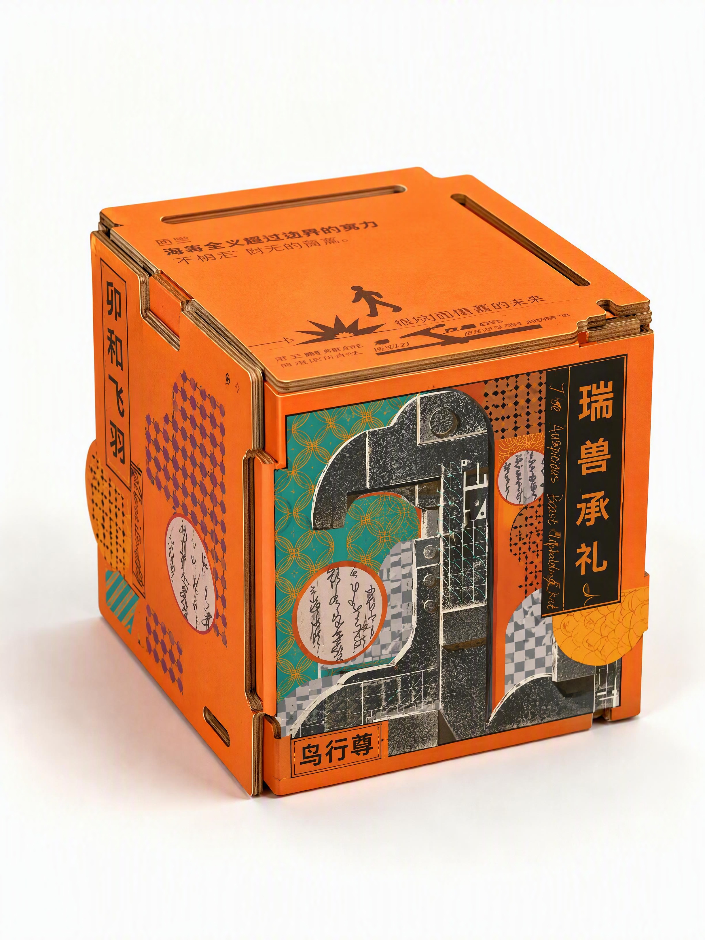 一个橙色模切折盒，立体折叠成立方体的三面展示状态，保留原有的镂… - 图片创意预览