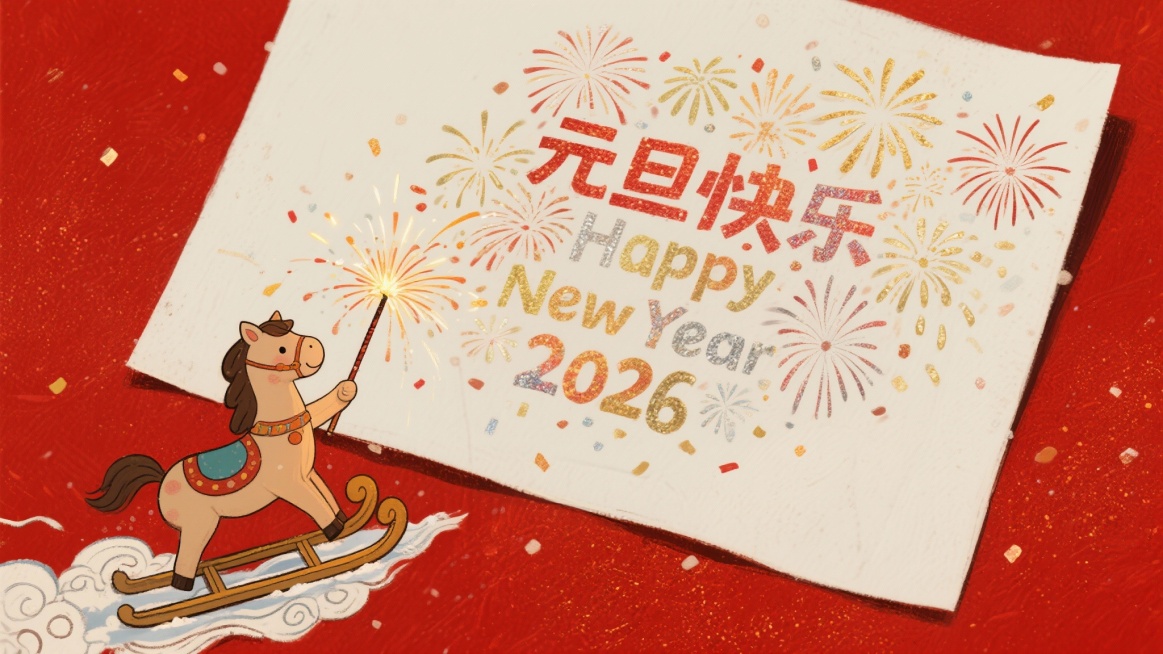 主体：左下角一个微缩的卡通骏马骑着祥云雪橇，手拿着点燃的烟花棒，烟花喷出的光影自上而下落下密集的各色 “元旦快乐”“Happy New Year 2026” 字样，成烟火状，几乎铺满整个画面。
装饰元预览效果