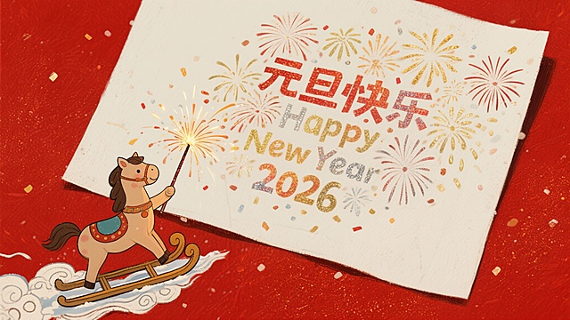 主体：左下角一个微缩的卡通骏马骑着祥云雪橇，手拿着点燃的烟花棒，烟花喷出的光影自上而下落下密集的各色 “元旦快乐”“Happy New Year 2026” 字样，成烟火状，几乎铺满整个画面。
装饰元素：其余部分留白 
色调：元旦喜庆色调（以红、金、银为主） 
背景：红色洒金纸 
风格：手绘风格
像素：4k