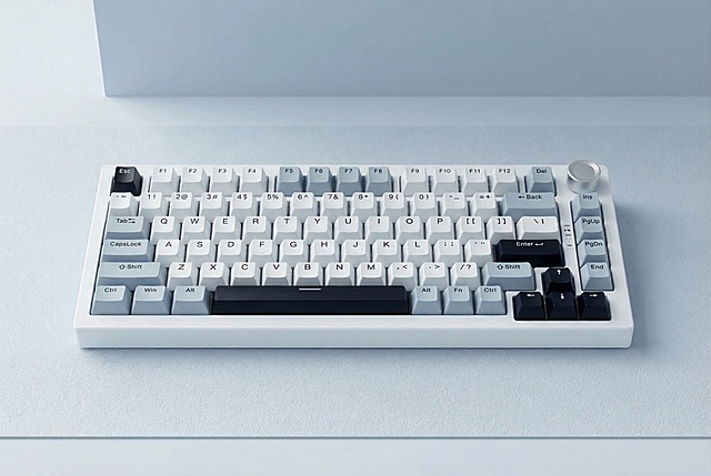 将图1键盘的配色替换为图2键盘的配色，功能键为浅灰蓝色、字母键为白色、空格键和回车键为黑色、键盘外壳为白色，保持图1的浅蓝色桌面、浅灰色背景、光影、构图完全不变