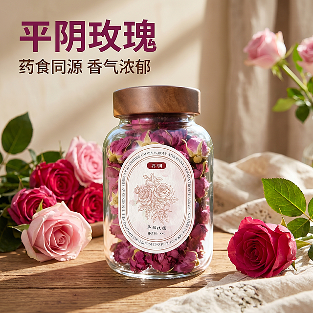 [主图 1] 平阴玫瑰花茶产品首图，自然场景展示。
[氛围风格] 贴近自然，简洁自然，小红书原生氛围感，生活方式展示，拒绝纯电商广告风。
[画质] 商业摄影质感、光线柔和通透、产品清晰真实、画面干净高级，2k分辨率，文字清晰可辨，超高清。
[元素] 玻璃罐装平阴玫瑰干花产品居中摆放，放置在木质桌面，背景点缀新鲜玫瑰花朵和复古棉麻布，营造自然温馨氛围。保持玻璃罐产品外观（即物理结构、材质质感、颜色）与输入产品图绝对一致，杜绝任何变形和色差，精细化处理。商品主体占比严格控制在 60%-80%之间，画面满铺无边框。
[光影] 自然暖阳侧逆光，光线通透柔和，凸显玫瑰干花的自然紫红色泽，罐体质感通透，整体光影自然，高光不溢，暗部有层次。
[配色] 主色调为自然原木色+玫瑰紫红色，浅米白背景辅助，整体配色清新自然。
[视角构图] 平视视角，景深中等，产品为视觉中心，轮廓完整不裁切。
[文字版式] 左上负空间左对齐留安全边距，主标题 "平阴玫瑰" 深紫红色，最大号粗体简洁无衬线字体，副标题 "药食同源 香气浓郁" 深棕色约半高。文字与背景保持强对比，清晰易读，不遮挡产品主体。
[比例分辨率] 1:1 比例，2k分辨率；文字清晰锐利，画面超高清。
[负向提示词] 变形，水印，文字错乱，产品图模糊，背景杂乱，牛皮癣，配色刺眼，遮挡主体，绝对化违禁词。