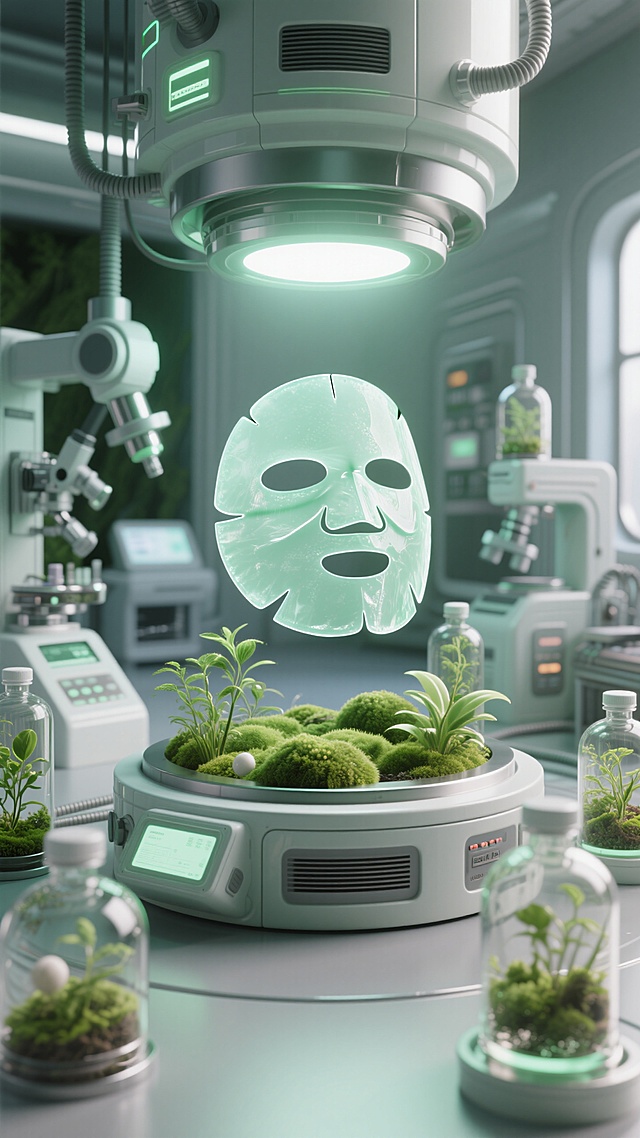 特写美妆实验室的机器中间正在悬浮制作一张半透明质地Q弹的淡绿色面膜 ；周围是微观生态瓶；机器融合绿植生态元素；高级简约