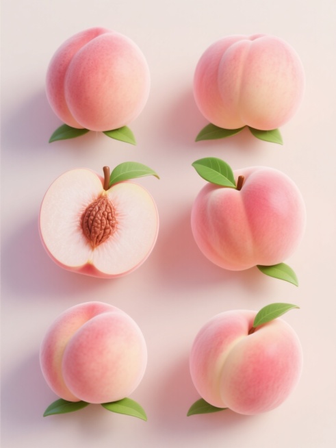 六个不同样式的水蜜桃元素，以上下两行对齐排列，采用高光泽度的3D渲染风格，整体呈现柔和的粉色渐变色调，带有清晰的光影效果和细腻的纹理质感，浅色背景衬托出水蜜桃的立体感和新鲜感，每个水蜜桃都有自然的绿色叶子点缀，部分桃子展现切开的剖面，露出内部的果核和果肉纹理，整体构图简洁明快，符合现代海报设计的视觉层级和信息传达效率，适合用于食品宣传或相关主题设计。预览效果