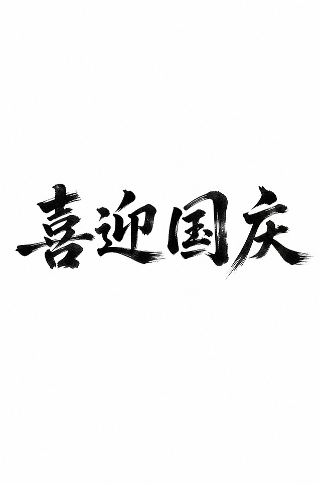干净的纯白色背景。平面艺术字体设计，四个字"喜迎国庆"，所有文字单行横向排列，毛笔楷书风格，雄浑大气，浓墨黑字，运用飞白枯笔技法，笔墨晕染质感，字体笔画厚重有力，粗笔锋，墨色有深浅层次，边缘自然毛笔毛边，字间距匀称，书法主体居中呈现，传统国风韵味，无水印，无多余杂物。仅包含四个字："喜"、"迎"、"国"、"庆"，不得增加、遗漏或替换任何一个字。文字整体必须完整呈现在画面内不可被裁切，四周留有安全边距。比例2:3