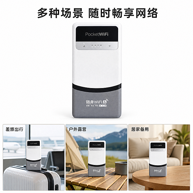 [第5屏] 本屏功能定义：多场景使用展示，展示随身WiFi在不同生活场景中的应用，产品为灰白拼色随身WiFi6。[氛围/风格] 生活化场景拼贴，温馨自然，真实使用氛围。[元素布局] 保持随身WiFi产品原有的外观、颜色、文字和结构与输入产品图一致。画面上半部分展示产品主体，下半部分分为三个小场景格：出差旅途、户外露营、居家备用，每个场景融入产品使用状态，场景分别加入行李箱、露营帐篷、沙发背景元素，场景格之间用细线分隔，整体和谐统一。[光影质感] 每个场景光线自然，符合场景氛围，产品在每个场景中清晰突出，光影统一不突兀。[配色色系] 全局底色：#ffffff（纯白）；主体配色：产品原色彩；场景辅助色：自然真实环境色。[视角构图] 上产品下多宫格构图，每个场景格大小一致，构图均衡，阅读动线清晰。[文字版式] 顶部主标题："多种场景 随时畅享网络"居中加粗；下方每个场景格左上角标注场景名称：「差旅出行」「户外露营」「居家备用」，深色小字，不遮挡主体，清晰好读。[比例分辨率] 1:1正方形比例，4K分辨率，文字清晰可辨。[负向提示词] 产品变形，文字错乱，颜色偏差，结构错误，缺件错件，水印，背景杂乱