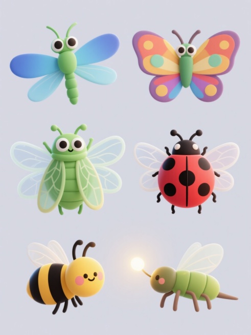 卡通风格插画，六只可爱卡通化昆虫规整排布，透明轻薄的翅膀细节，柔和均匀的光影效果，简洁的纯色背景，整体画面明快活泼。包含：一只绿色身体蓝色渐变翅膀的蜻蜓；一只色彩斑斓翅膀的蝴蝶；一只通体翠绿、翅膀透明带纹路、头部有明显复眼的知了；一只红色带黑点的瓢虫；一只黄色身体黑色条纹的蜜蜂；一只尾部发光的萤火虫。所有昆虫造型圆润可爱，线条简洁流畅，色彩明快鲜亮，翅膀具有半透明质感和细腻纹路，构图对称平衡，……预览效果