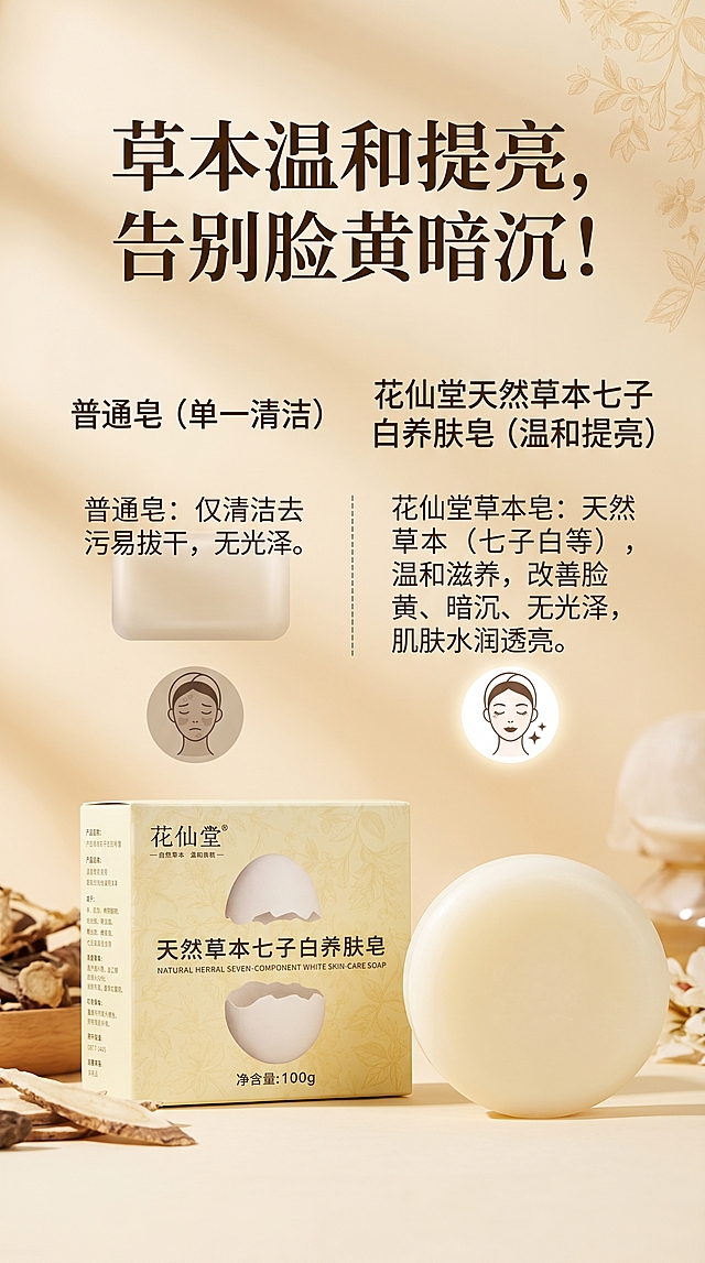 「图片1」，生成详情页，商品名称为天然草本七子白养肤皂。，适配抖音/快手平台，单图比例为9:16，需求屏数为8张。100g；
硬性规则：全程写实实拍质感，禁止虚构真人肤色美白对比，整体浅米黄国风柔和暖光，统一粗体醒目大字，文案通俗接地气；
8 屏固定递进转化顺序，各司其职无冗余：
1 屏【痛点封面】大字：告别熬夜黑黄皮，养出水光肌，皂盒产品全景，直击暗沉蜡黄人群
2 屏【核心配方信任】完整展示白芍、白茯苓、白术、珍珠等七子白七味草本原料，突出古法天然草本养肤
3 屏【功效说明】清晰讲解草本温和提亮，改善脸黄、暗沉、无光泽，区分普通皂单一清洁
4 屏【泡沫质地特写】绵密泡沫实拍，配文：绵密泡沫，水润不拔干，解决皂基洗脸紧绷痛点
5 屏【居家晨间场景】浴室洗漱台洁面实拍，适配学生、宝妈日常早晚护肤
6 屏【夜间护肤场景】晚间卸妆洁面场景，拓宽使用场景
7 屏【产品规格安心】完整皂体 + 外包装，标注 100g 大容量、天然温和皂基，敏感肌可用
8 屏【收尾促单】国货平价养肤皂总结，引导立即下单
补充约束：草本、泡沫画面尽量贴合真实实拍质感，减少后期替换工作量。