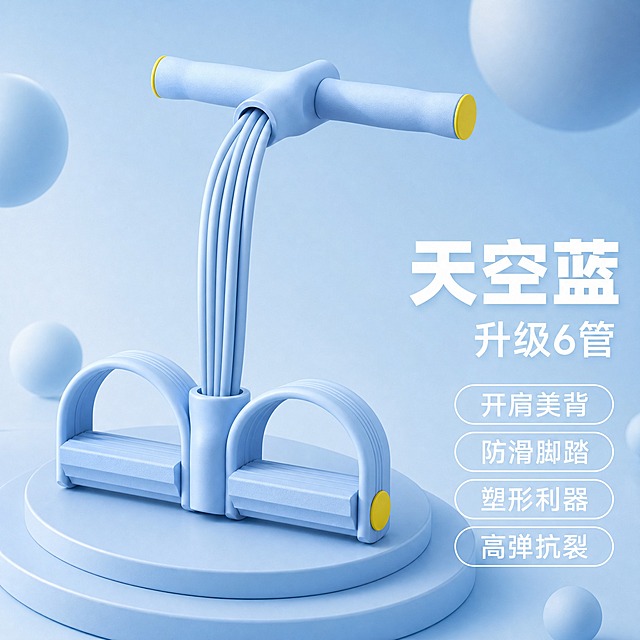 电商SKU图，天空蓝色脚蹬拉力器，升级6管款式。画面主体是一支天空蓝色的脚蹬拉力器，6根拉力管自然下垂，手柄和脚蹬端部有明黄色圆形装饰。产品放置在一个同色系的3D多层圆形展台上，呈现精致陈列感。背景是渐变的淡蓝色到天蓝色，清新明亮，散布几个同色系柔焦球体装饰。右下角文字区域：大标题"天空蓝"白色粗体大字，下方"升级6管"白色稍小字，再下方四个圆角胶囊标签，白色边框白色字："开肩美背"、"防滑脚踏"、"塑形利器"、"高弹抗裂"。商业3D渲染质感，柔光均匀照射，产品表面细腻哑光TPE质感，阴影柔和立体。1:1正方形构图，文字清晰，产品结构完整，无人物，无水印，无错字。