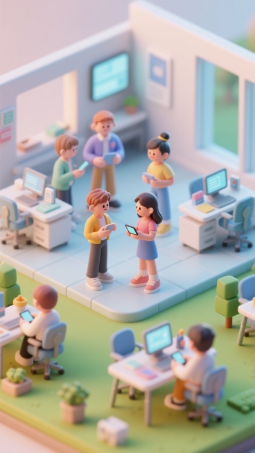 8月18日人力资源日主题的3D等距插画，画面中有年轻化的Gen Z/千禧世代风格男女角色，他们正在进行动态互动，有的在交谈，有的在使用数字设备，姿态自信。背景是现代简约的办公室，采用淡彩色调，整体风格预览效果