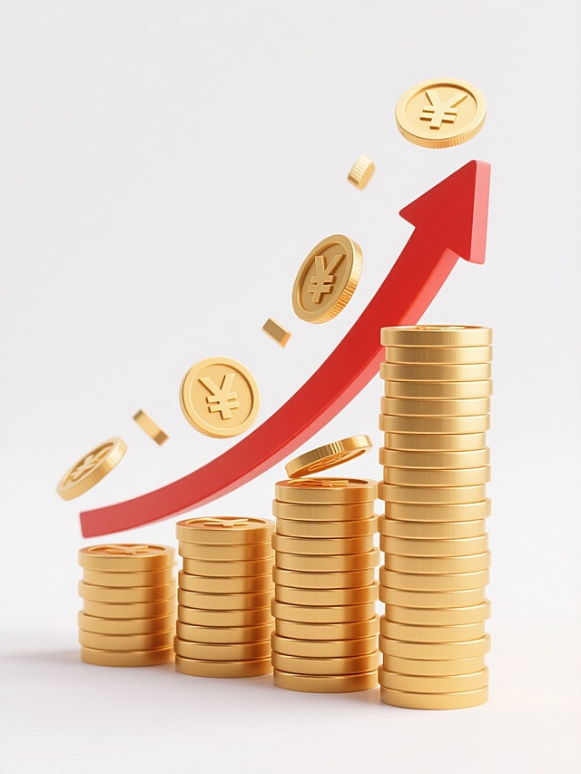 3D渲染风格，金色的人民币符号硬币堆叠成多层圆柱形塔状，部分硬币从塔上滑落或悬浮在空中，一条醒目的红色向上弯曲箭头从左侧低处硬币堆延伸至右侧高处硬币堆顶部，整体呈现出强烈的金属光泽和立体感，光影效果突出硬币的质感和堆叠层次，画面简洁明快，以白色为背景，营造出财富增长和上升趋势的视觉效果。