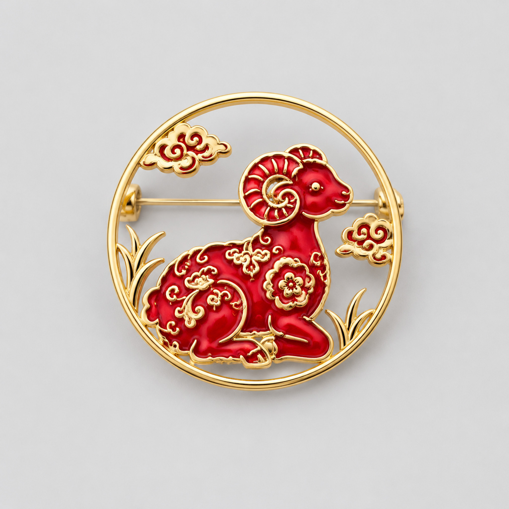 参照参考图的红金掐丝珐琅徽章工艺，重新设计一枚羊年徽章（款式D… - 图片创意预览