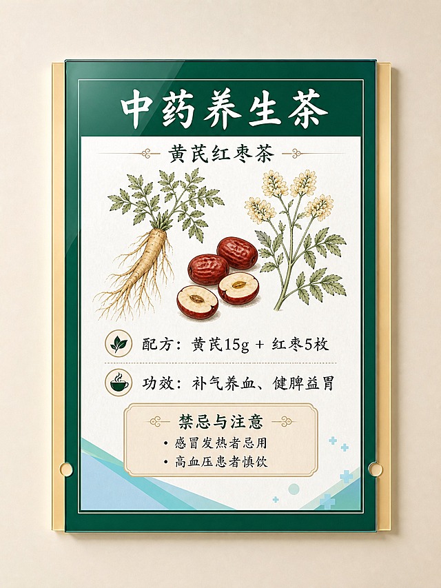 参考图1的亚克力展板样式（深墨绿色外框、香槟金侧边条、底部挂孔、底部浅蓝绿色几何装饰），参考图2的中药养生茶内容风格（国风新中式工笔、宣纸纹理、黄芪红枣茶配方与功效、禁忌与注意），将黄芪红枣茶的完整内容排版进3:4竖版亚克力展板的中间空白区域。

展板结构：顶部深墨绿色标题栏内写白色大字"中药养生茶"，下方小字副标题"黄芪红枣茶"。中间白色内容区域从上到下依次排列：
1. 黄芪和红枣的工笔手绘插图（居中，大小适中）
2. 配方：黄芪15g + 红枣5枚
3. 功效：补气养血、健脾益胃
4. 禁忌与注意板块（浅米黄色底圆角矩形，两行：感冒发热者忌用 / 高血压患者慎饮）

底部保留浅蓝绿色几何装饰条和小十字医疗图标。整体风格融合医院展板的专业简洁与国风养生的温润感，字体清晰易读，适合老年人阅读。展板正面平视，挂在浅米色墙面上，有轻微投影，亚克力有光泽质感。3:4竖版比例。