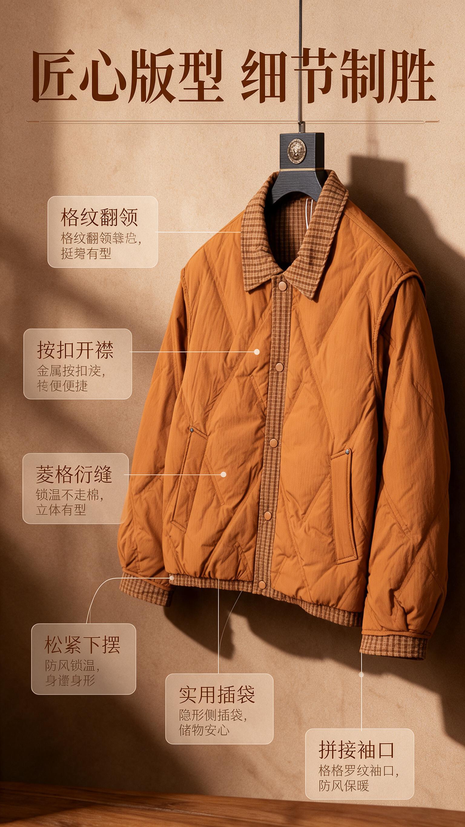 [商品] 使用【图1】焦糖棕复古格纹拼接翻领棉服夹克；商品处理… - 图片创意预览