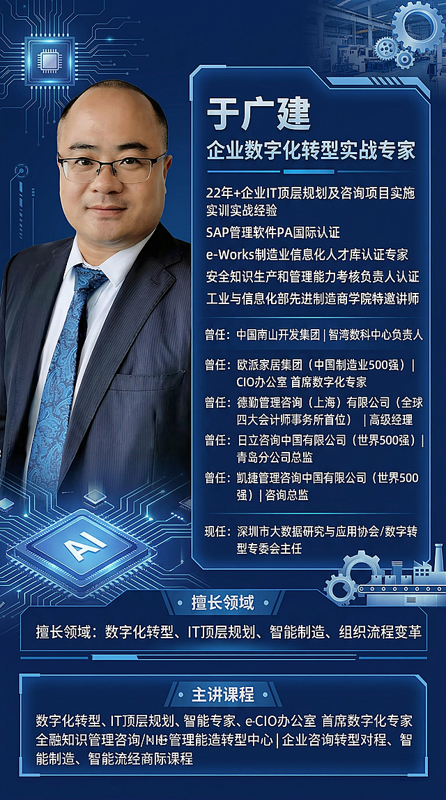 专业工业科技风企业数字化转型专家讲师推广海报，左侧放置提供的男士正装肖像照，右侧清晰排版文字内容：顶部为姓名“于广建”及头衔“企业数字化转型实战专家”，依次排列“22年+企业IT顶层规划及咨询项目实施实训实战经验”“SAP管理软件PA国际认证”“e-Works制造业信息化人才库认证专家”“安全知识生产和管理能力考核负责人认证”“工业与信息化部先进制造商学院特邀讲师”，列出任职经历：“曾任：中国南山开发集团 | 智湾数科中心负责人”“曾任：欧派家居集团（中国制造业500强） | CIO办公室 首席数字化专家”“曾任：德勤管理咨询（上海）有限公司（全球四大会计师事务所首位） | 高级经理”“曾任：日立咨询中国有限公司（世界500强） | 青岛分公司总监”“曾任：凯捷管理咨询中国有限公司（世界500强） | 咨询总监”“现任：深圳市大数据研究与应用协会/数字转型专委会主任”，下方标注擅长领域：数字化转型、IT顶层规划、智能制造、组织流程变革，再列出全部主讲课程，整体采用深蓝科技配色，加入数字芯片、工业线条元素点缀，排版层次清晰视觉冲击力强，适合推广传播，突出数字化转型实战专家专业属性