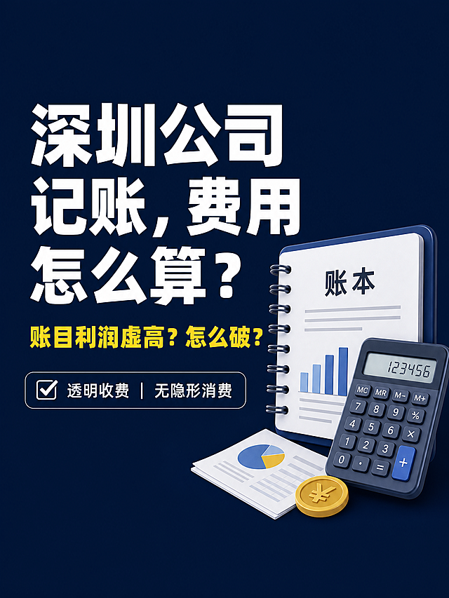财税图文封面页，尺寸1080x1440，藏青色背景，主标题粗黑体白色大字"深圳公司记账，费用怎么算？"，副标题亮黄色字"账目利润虚高？怎么破？"，标签文字"✅ 透明收费 | 无隐形消费"，画面右侧放简洁账本加计算器图标，商务专业设计，文字清晰