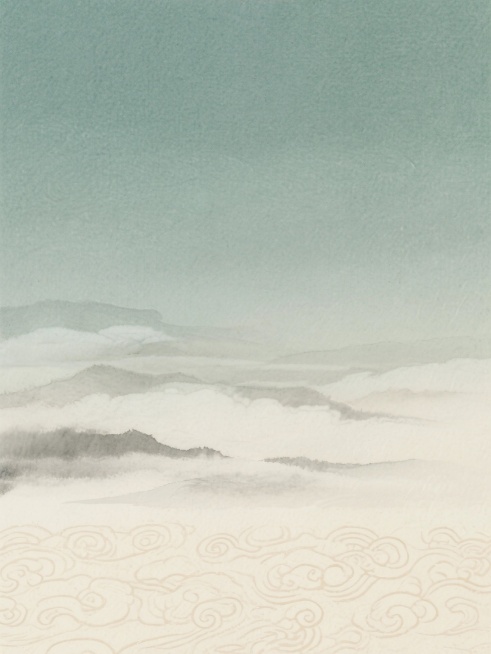 中国传统水墨风格背景，淡雅的渐变色调从上部的青绿色逐渐过渡到下部的米黄色，具有明显的宣纸纹理质感，笔触轻柔朦胧，呈现出远山云雾缭绕的意境，底部有浅色的祥云暗纹图案，整体画面宁静悠远，留白充足，营造出古预览效果