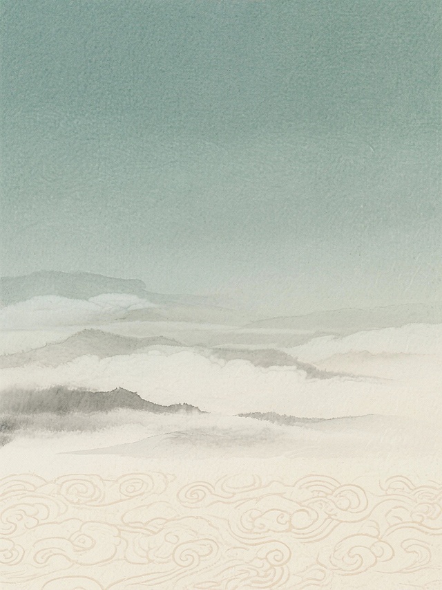 中国传统水墨风格背景，淡雅的渐变色调从上部的青绿色逐渐过渡到下部的米黄色，具有明显的宣纸纹理质感，笔触轻柔朦胧，呈现出远山云雾缭绕的意境，底部有浅色的祥云暗纹图案，整体画面宁静悠远，留白充足，营造出古典雅致的氛围，变换样式体现在色彩层次的微妙调整和云雾形态的自然变化，保持传统水墨的韵味和淡雅的色调统一性。