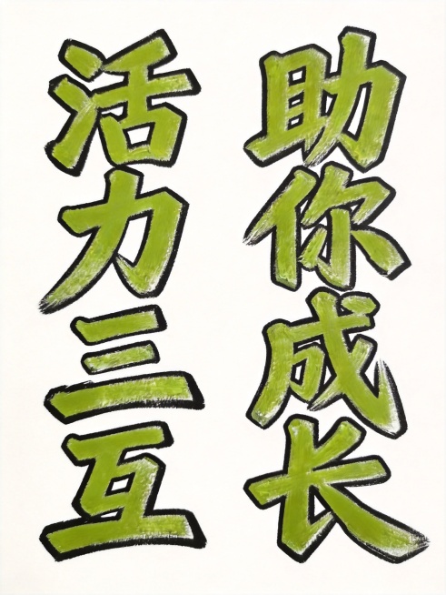 将字的外轮廓边缘从白色描边替换为黑色描边，保留所有原有设计：纯色草绿色字体，去除渐变，竖版双列排列，舒展字间距，纯白色背景，黑板粉笔手绘风格和粗壮笔触不变，八个字为"活力三互助你成长"。预览效果