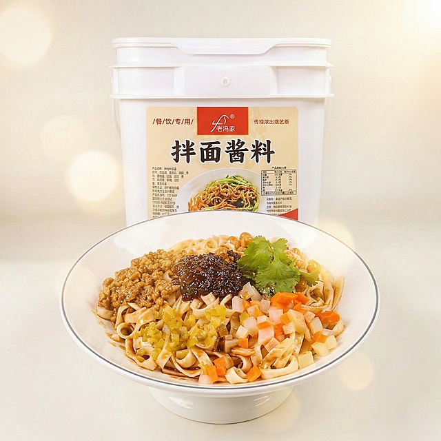 将拌面酱料产品桶和做好的拌面组合成一张电商宣传海报，比例为1:1正方形。保持产品桶上原有文字“老冯家 拌面酱料”Logo和所有文字信息不变，保持主体物理结构不变。整体采用商业高调摄影，柔和漫射光，低饱和度暖白色调，营造食欲感与温馨种草氛围。上方放置酱料产品桶，下方摆放拌面成品，保持光影一致，自然融合，添加轻微光斑增加氛围感，突出老冯家拌面酱料的美味诱人。负向提示词：西方面孔，金发，深眼窝，雀斑，杂乱房间，死黑阴影，硬光，乡村风，高对比度，瓶身扭曲，Logo变形，文字错误，多余部件，变形，水印，昏暗光线，畸变透视