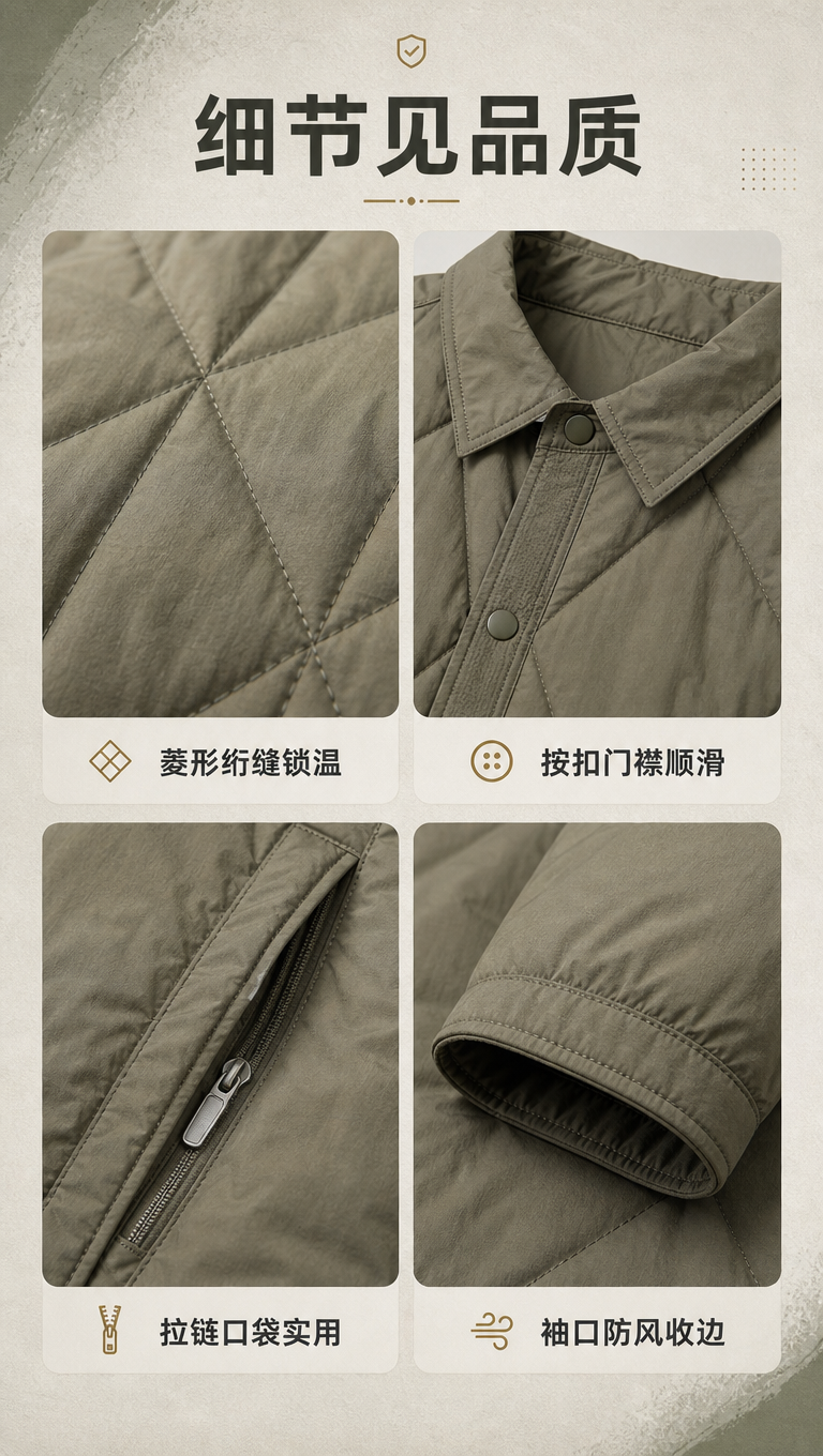 [商品] 使用【图1】橄榄绿男士轻薄衬衫领羽绒服；商品处理：保… - 图片创意预览