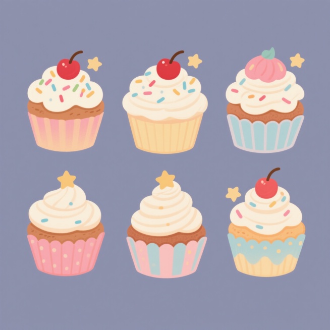 一系列六个造型各异的卡通风格纸杯蛋糕插画，每个蛋糕都有蓬松的奶油顶、顶部点缀的樱桃和彩色糖屑，搭配两颗小星星装饰，保持原图圆润的线条、柔和的渐变色彩和可爱的手绘质感，每个蛋糕采用完全不同的奶油造型设计，背景为纯色且每个蛋糕拥有独特的整体色调，所有元素规整排布在画面中形成系列素材集合预览效果