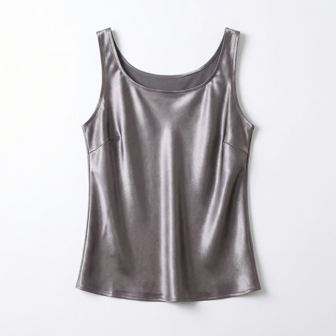 去除衣架和挂钩，提取图片中的灰色丝绸吊带背心，平铺在纯白色背景上，背景为100%纯白#FFFFFF，去除衣架和原有木衣架，保留这件灰色真丝吊带走光，保持服装自然垂坠感，产品主体位于画面正中心，占据画面预览效果