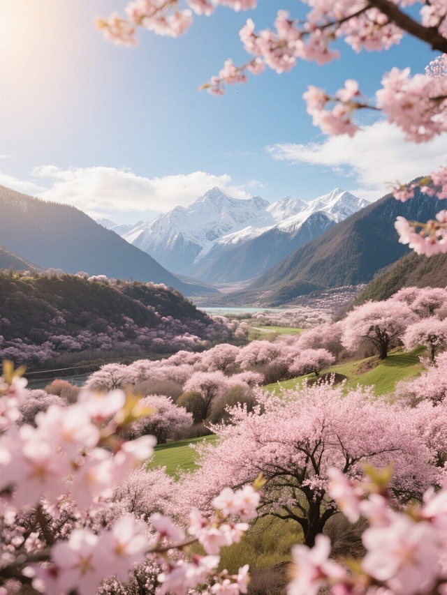 林芝桃花沟春景，漫山遍野粉色桃花盛开，远处雪山巍峨，蓝天白云，梦幻色调，专业旅行摄影，金色暖阳光线，上方适当留白，色彩饱和明亮，光线通透，适合社交媒体封面，吸引点击，超高清画质，8K细节