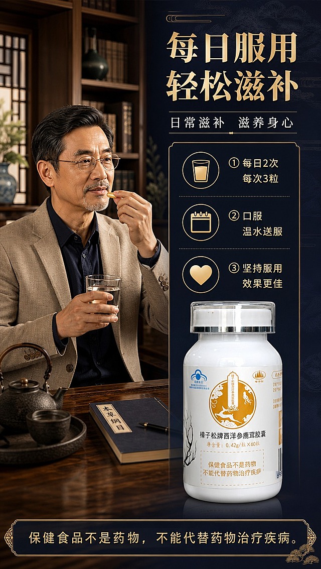 [商品] 使用【图5】瓶身正面图；保留白色瓶身、金色鹿纹图案、产品名称、蓝帽标识及所有瓶身文字；商品处理：清晰化瓶身，增强质感和光泽，不改变原貌。
[画面] 目标：食用方法与日常场景页，展示产品如何融入日常生活。构图：左图右文，左侧中年亚洲男性（40-50岁，商务休闲装扮）在书房/客厅场景中，手持水杯正要服用胶囊，人物+场景占画面55%；右侧信息区放产品瓶身图+服用说明；≥3层环境元素（书桌、茶具、背景书架）。
[视觉] 套系策略：风格=高端国风滋补商业摄影风；标题字=宋体衬线粗体，烫金质感；正文字=简洁黑体；主色=深蓝黑+古铜金；背景延展=基于深蓝黑做深浅渐变、暗纹层次；强调色=古铜金，仅用于标题、图标、重点标注；标题色=古铜金色；正文色=米白色；组件=金色细线信息框、服用步骤icon；光影=场景暖自然光，人物柔和打光，产品区清晰明亮。
[文字] 右上主标题：每日服用 轻松滋补；副标题：日常滋补 滋养身心；下方3点服用说明：① 每日2次 每次3粒 ② 口服 温水送服 ③ 坚持服用 效果更佳；配3个小icon：水杯、日历、心形；底部横条：保健食品不是药物，不能代替药物治疗疾病。文字全部横排。
[规格] 图片比例9:16竖版，4K分辨率，quality=medium；避免变形、错字、文字过小、医疗化表述、夸大功效、产品颜色改变、欧美面孔。