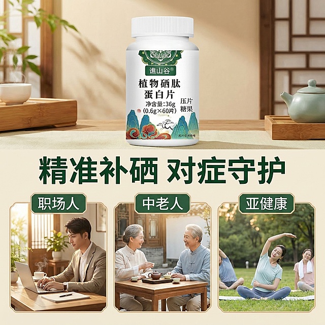 [垫图] https://gdesign-dam-hz.dancf.com/35837910752283707/76eb9aac8599475598eacd741f1b60a8.jpg
[主图主题] 植物硒肽蛋白片人群适配图
[氛围/风格] 国潮生活化风格，亲和自然
[画面元素] 产品位于画面中心偏上，下方三格并排展示适配人群场景小图：左侧职场白领办公场景，中间中老年休闲喝茶场景，右侧亚健康人群运动放松场景，三图光影统一，风格和主图保持一致
[配色色系] 主色调：米白青绿；场景辅助色自然柔和，贴近真实生活
[视角构图] 上部产品居中，下部分三格排列，构图清晰分区明确
[文字版式] 主标题“精准补硒 对症守护”，上方标注“职场人 / 中老人 / 亚健康”，每个对应人群名称标注在对应小图上方，深绿文字配浅色底框，主标题大字号加粗居中，信息层级清晰，方便快速阅读。