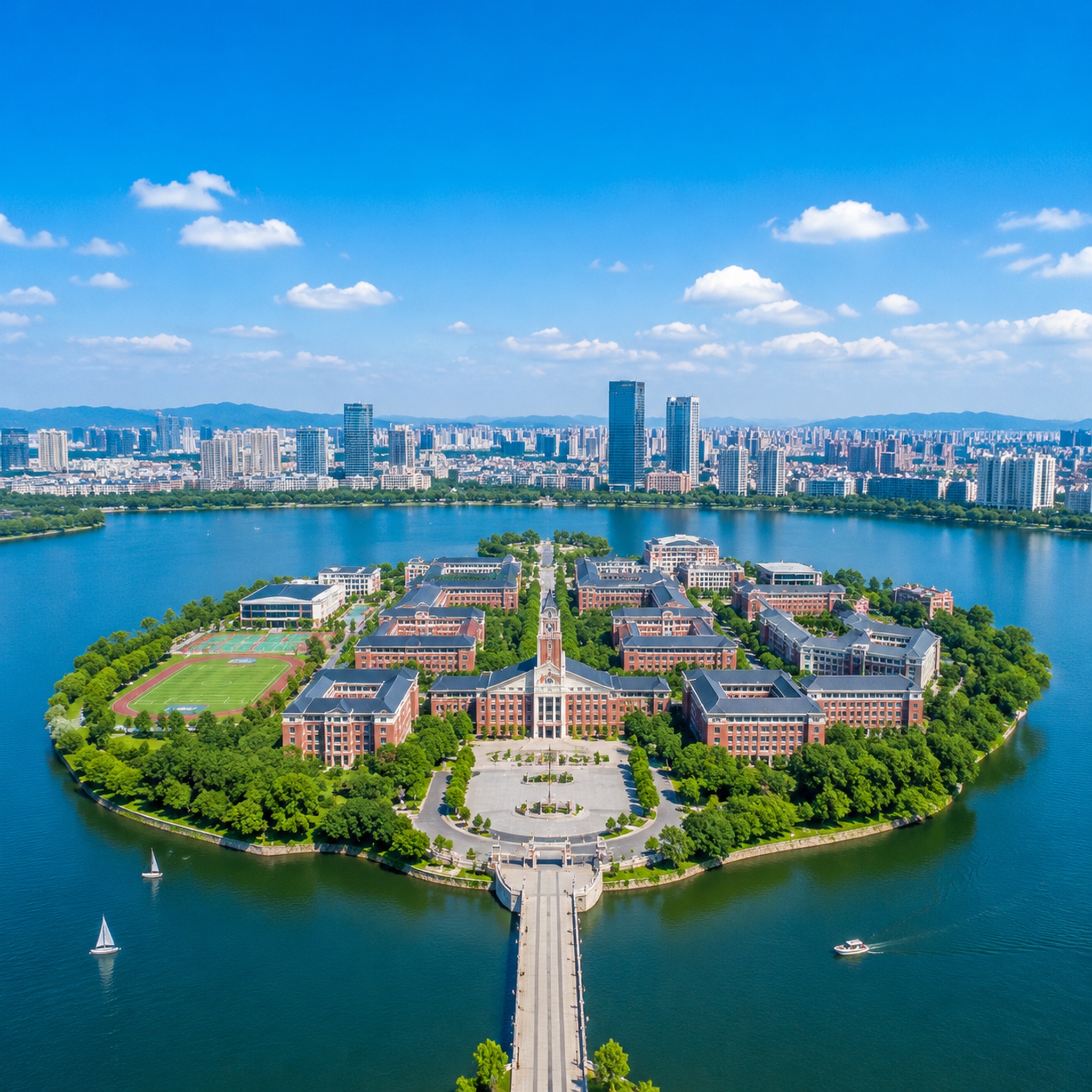 一座大型高中坐落在城市内部大湖的中央，宽阔平静的湖水环绕着校园… - 图片创意预览