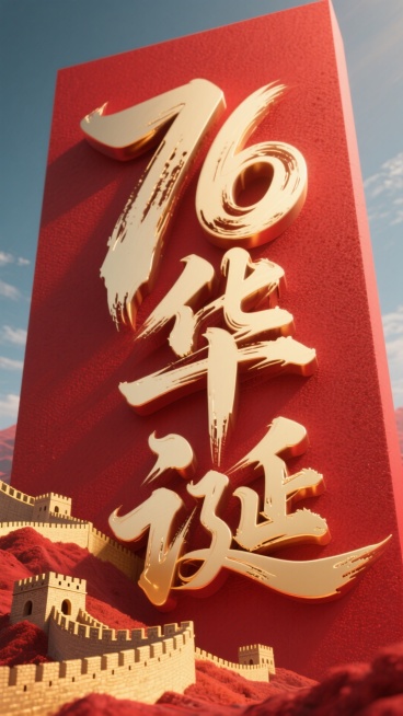 竖版“76华诞”书法字体，内凹陷效果，压痕效果，文字占一小部分，红色磨砂背景，红色背景还是那个有金色的线性长城，红底金字，3D字体，飘逸灵动的中国草书，狂草大气磅礴，大师级书法作品书法字体，内凹陷效果预览效果