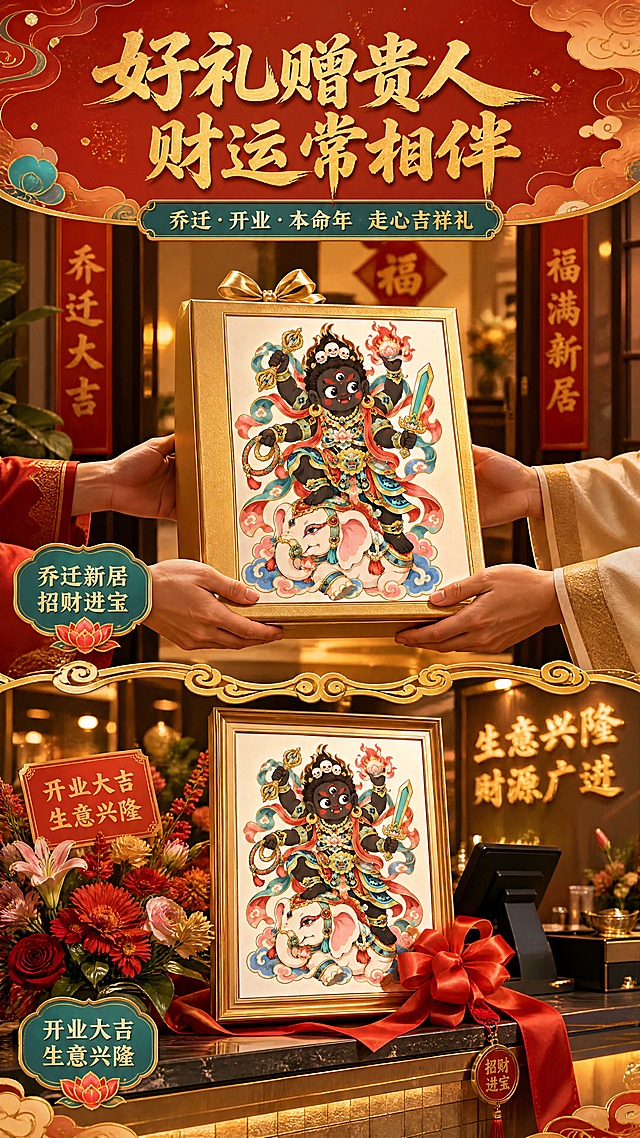 [商品] 使用【图1】Q版黑财神骑白象国潮装饰画；保留完整造型与颜色；商品处理：装裱于金色礼盒中，作为礼品展示，画芯与原图一致。
[画面] 页面目标：送礼场景展示，强化礼品属性；构图：上下分镜，上半部分为乔迁送礼场景——双手递出礼盒，背景为新居玄关；下半部分为开业/本命年送礼场景——装饰画摆放在收银台旁，配红绸带与花篮；中间用金色如意纹分隔；画面充满喜庆礼赠氛围。
[视觉] 套系策略：风格=国潮新中式商业插画海报风；标题字=国潮书法粗体带描金；正文字=圆润宋体；主色=朱砂红+鎏金+石青；背景延展=基于喜庆朱红做渐变云纹与金箔颗粒质感；强调色=松石绿，仅用于小面积图标、引线和装饰元素；标题色=鎏金色；正文色=米白色；组件=云纹边框、莲花形信息卡、如意纹分隔线；光影=暖金色喜庆光，礼盒有高光，整体热闹温馨。
[文字] 顶部主标题「好礼赠贵人 财运常相伴」，副标题「乔迁·开业·本命年 走心吉祥礼」；上下场景各配小字标签「乔迁新居 招财进宝」「开业大吉 生意兴隆」；文字位于顶部与场景边角，不遮挡礼盒与画芯主体；所有文字横排。
[规格] 图片比例9:16竖版，4K分辨率，负向提示：避免人物面部模糊、画芯变形、颜色灰暗、氛围冷清、文字过小。