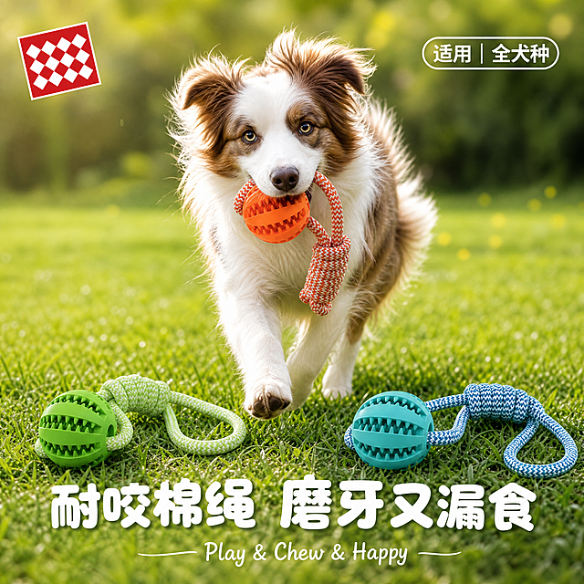 电商宠物玩具主图，参考图2的户外草坪活力风格与构图逻辑，将产品替换为图1中的棉绳漏食球玩具（绿色、橙色、蓝色三色手拉绳磨牙球，绳结手柄+带齿漏食球结构）。画面背景为清新翠绿的户外草坪，阳光明媚，虚化草地与远处浅景深绿植营造自然活力氛围。画面中景位置，一只活泼可爱的边境牧羊犬（或同体型中大型犬）正叼着橙色款棉绳漏食球玩具朝镜头跑来，狗狗眼神明亮、毛发蓬松有光泽，动态自然充满活力；前景左侧草地上平放绿色款棉绳漏食球，右侧草地上平放蓝色款棉绳漏食球，三款产品均清晰展示绳结纹理与漏食球齿状结构，产品真实有质感。左上角放置红白色方格品牌标样式的品牌角标（内容为品牌标识占位，不写具体品牌名），右上角圆角白框标签写"适用 全犬种"。画面底部居中大标题文案："耐咬棉绳 磨牙又漏食"，字体为圆润可爱粗体，白色带轻微阴影，醒目不遮挡主体；标题下方小字英文装饰句"Play & Chew & Happy"，字体纤细。整体风格明亮清新、充满宠物运动活力，商业摄影质感，光线柔和通透，产品清晰真实，画面干净高级。保持棉绳漏食球玩具外观（即物理结构、材质质感、颜色、绳结编织纹理、漏食球齿形结构）与输入产品图一致，杜绝任何变形和色差，精细化处理；产品与草坪环境融合自然，阴影真实合理，禁止悬浮感和硬切边缘。商品主体（含狗狗叼着的产品与前景两款）整体占比约65%。画面满屏无边框。文字清晰可读，排版不遮挡宠物面部和产品主体。1:1正方形比例。负向提示：变形，文字错乱，产品图模糊，背景杂乱，水印，电商平台Logo，多余的手，畸形手，肢体穿模，人物面部扭曲。