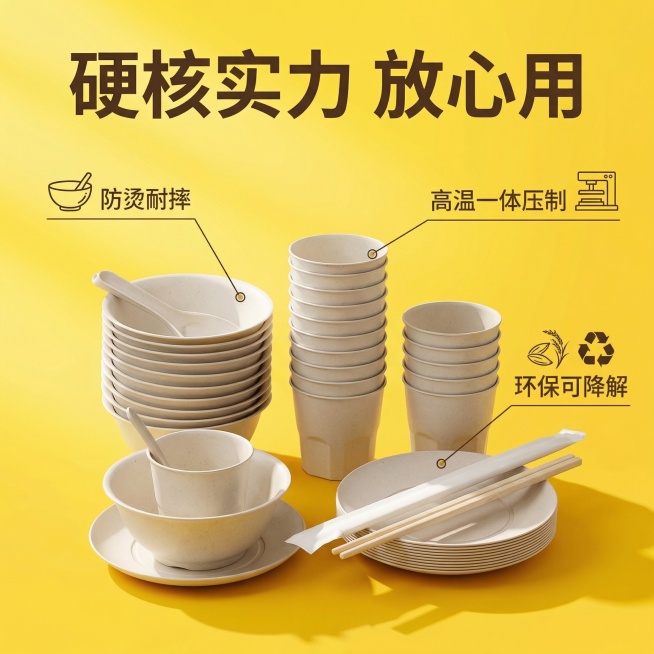 一次性稻壳餐具核心卖点展示图，清新明亮风格，背景为亮黄色渐变亮眼背景，产品居中，周围用纤细引线连接对应卖点：碗连接“防烫耐摔”，餐具整体连接“高温一体压制”，材质处连接“环保可降解”，每个卖点配简约小预览效果
