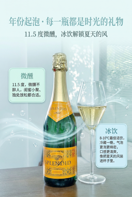 主标题"年份起泡・每一瓶都是时光的礼物"，副标题"11.5 度微醺，冰饮解锁夏天的风"。中间放置产品瓶身，旁边分两点展示信息：微醺："11.5 度，微醺不醉人，闺蜜小聚、独处放松都合适。" 冰饮："8预览效果