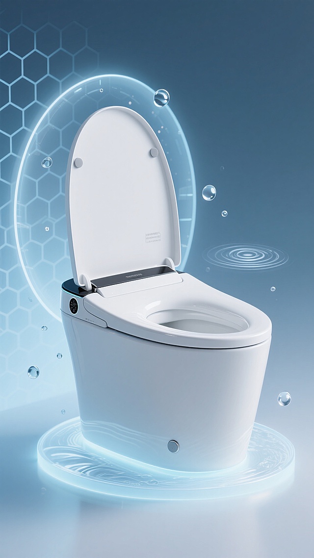 极简主义风格的现代智能马桶产品特写，纯净的白色陶瓷主体，流线型设计，马桶盖呈优雅的开启状态，柔和的浅蓝色渐变背景，带有六边形蜂窝纹理的半透明科技感光晕环绕马桶，光晕中点缀着悬浮的水滴和水波纹特效，营造出洁净、科技、高端的卫浴氛围，整体画面光影柔和，高光细腻，质感光滑，展现马桶的不同样式设计，如更圆润的线条或不同的控制面板布局。