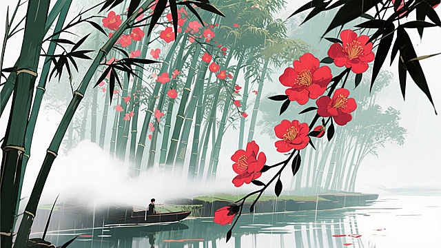 二次元古风，江南烟雨，河边，迷雾，竹子，巨大构图，浅绿色，艳红色，细节丰富，不要人物，生成2张，16:9