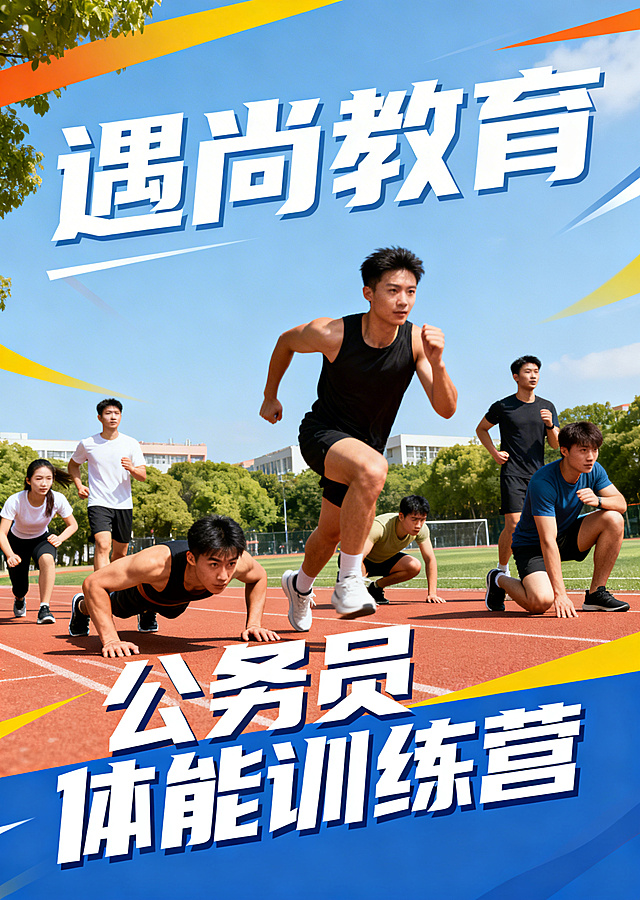 一张充满活力的体能训练营宣传海报，画面中有年轻人进行户外体能训练的场景，画面显著位置清晰显示文字"遇尚教育"，同时突出展示文字"公务员体能训练营"，整体色调青春阳光，运动氛围感强烈