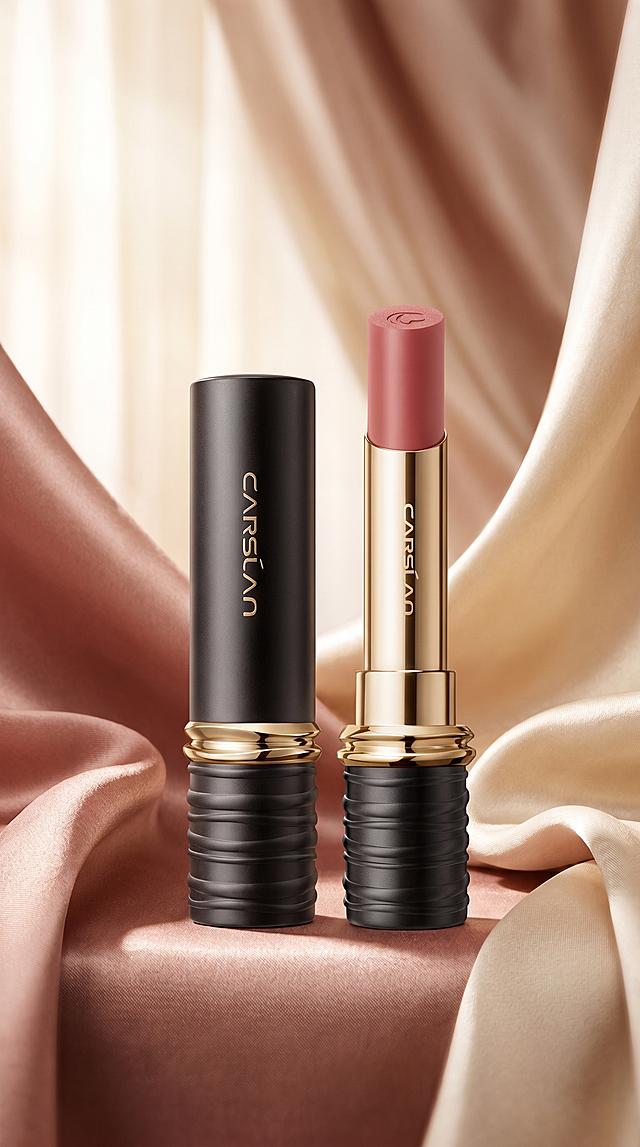 口红美妆海报，图中的卡姿兰口红居中放置，完整展示产品整体，精致质感，高级优雅背景，竖版海报构图