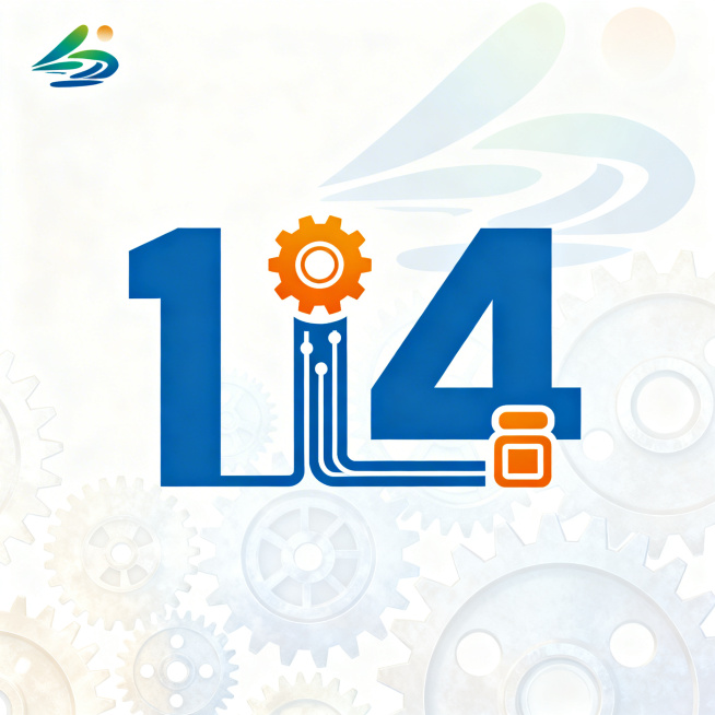 滨州市沾化区“科普114”品牌LOGO，方正简洁风格，科技蓝为主色调，暖橙点缀。数字“114”创意变形：第一个“1”以带齿轮的形态体现引领核心，第二个“1”设计为数据线形态展现服务联动，“4”的笔画融预览效果